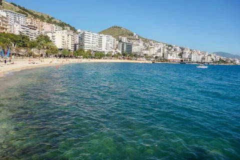 Panoramic view of Saranda beach and cityscape, on the Albanian riviera coast Stock Photos