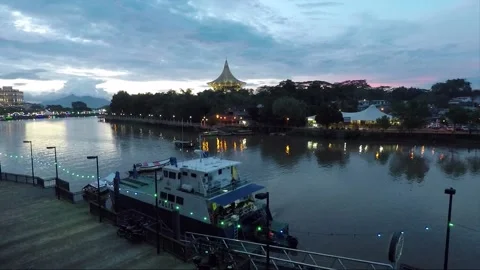 Panoramic view of Sarawak river at twilight, Kuching, Malaysia, Borneo Stock Footage 156742811