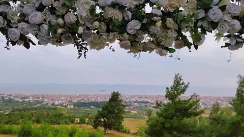 Panoramic View of Sarkoy Town Framed by White Flowers Stock Footage 332082751