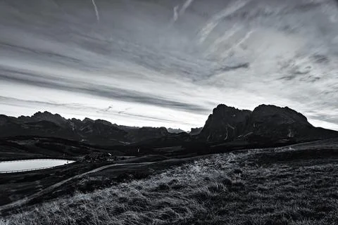 Panoramic view of the Sasso Lungo group in the Dolomites, Italy. Stock Photos