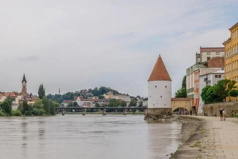 Panoramic view Schaibling Tower and promenade on river Inn, Passau, Lower Stock Photos