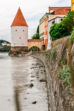 Panoramic view Schaibling Tower and promenade on river Inn, Passau, Lower Stock Photos
