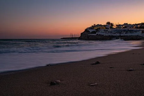 Panoramic view of the sea against the clear sky at sunset, Garraf, Spain. Stock Photos