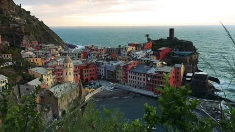 Panoramic view of the sea and harbor in the picturesque village of Vernazza Stock Footage 155797558