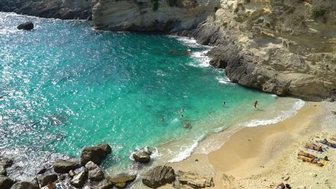 Panoramic view of the sea, the beach and the rocks Stock Footage 97249056