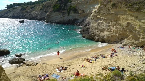 Panoramic view of the sea, the beach and the rocks Stock Footage 97249071