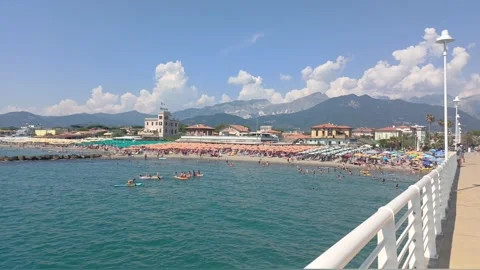 Panoramic view of sea, coast and beaches, Marina di Massa, July 12, 2026, Italy Stock Footage 339349786