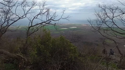 Panoramic View to the Sea, Over Large Green Fields Motion Stock Footage 106348175