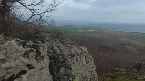 Panoramic View to the Sea, Over Large Green Fields Motion Stock Footage 106348218