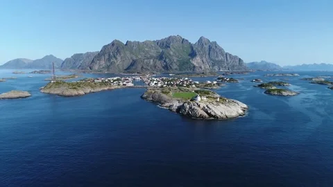 Panoramic view from the sea to the settlement on the rocky islands Stock Footage 136847634