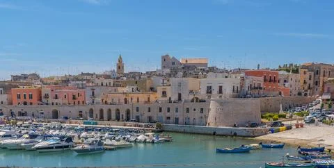 Panoramic view of seafront and old town Bisceglie in Puglia Stock Photos