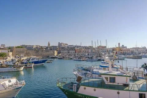 Panoramic view of seafront and old town Bisceglie in Puglia. Stock Photos