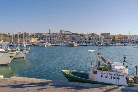 Panoramic view of seafront and old town Bisceglie in Puglia. Stock Photos