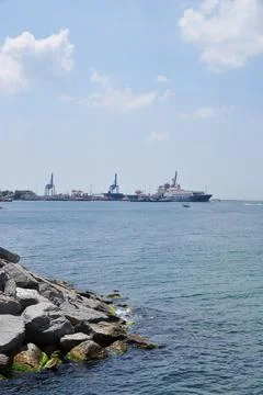 Panoramic view of the seaport. Stock Photos
