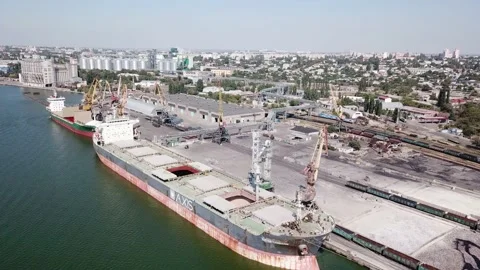 Panoramic view of the seaport of Sevastopol. Working grain loading machine on th Stock Footage 155799384
