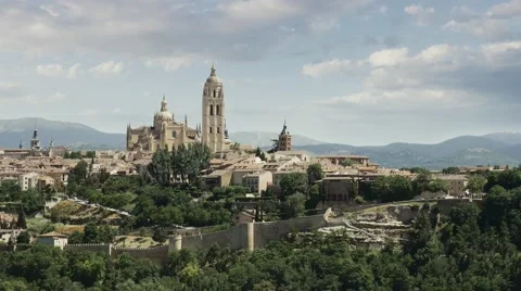 Panoramic view of Segovia, Cathedral of Santa Mara de Segovia. Castilla y Leon Stock Footage 65057571