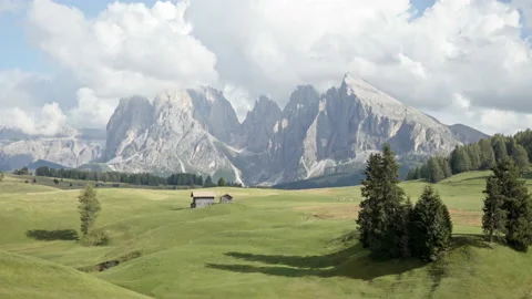 Panoramic View of Seiser Alm/ Alpe di Siusi and Langkofel mountain Stock Footage 150407968