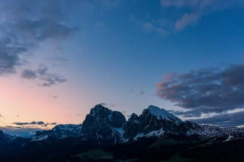 Panoramic view from the Seiser Alm to the Dolomites in Italy, drone shot. Stock Photos
