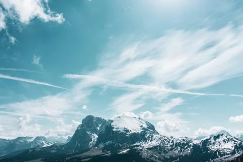 Panoramic view from the Seiser Alm to the Dolomites in Italy, drone shot. Stock Photos