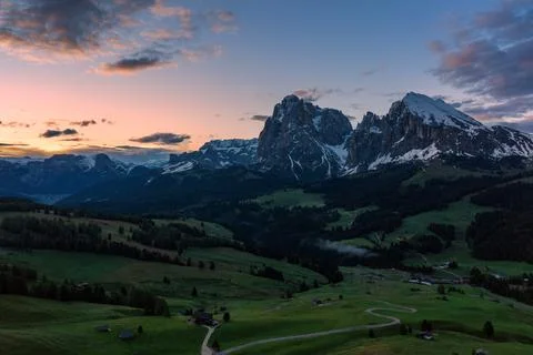 Panoramic view from the Seiser Alm to the Dolomites in Italy, drone shot. Stock Photos