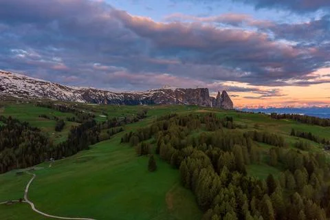 Panoramic view from the Seiser Alm to the Dolomites in Italy, drone shot. Stock Photos