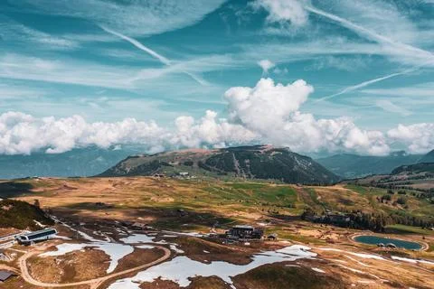Panoramic view from the Seiser Alm to the Dolomites in Italy, drone shot. Stock Photos