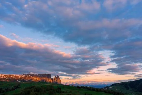 Panoramic view from the Seiser Alm to the Dolomites in Italy, drone shot. Stock Photos