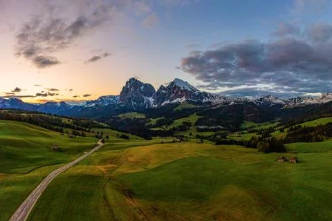 Panoramic view from the Seiser Alm to the Dolomites in Italy, drone shot. Stock Photos