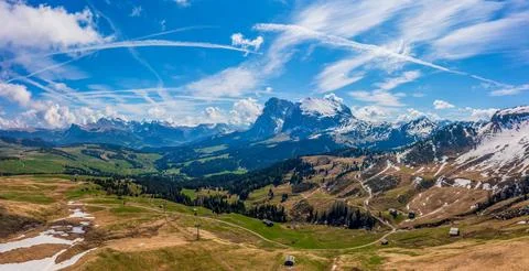 Panoramic view from the Seiser Alm to the Dolomites in Italy, drone shot. Stock Photos