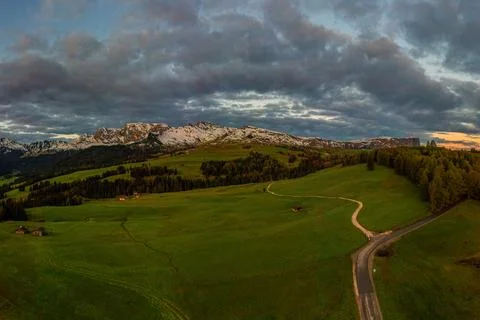 Panoramic view from the Seiser Alm to the Dolomites in Italy, drone shot. Stock Photos