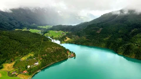 Panoramic View of Serpentine Lake in Mountain Valley Stock-Footage 308281377