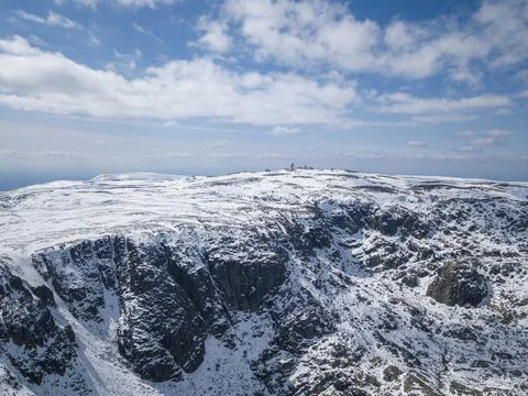 Panoramic view to Serra da Estrela tower. Famous snow destinations in Portugal. Stock Photos