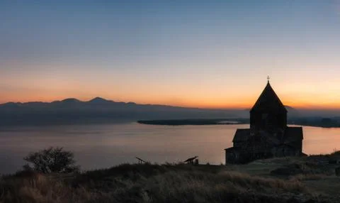 Panoramic view of Sevan Lake at sunset, Armenia Stock Photos