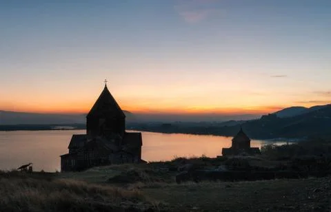 Panoramic view of Sevan Lake at sunset, Armenia Stock Photos