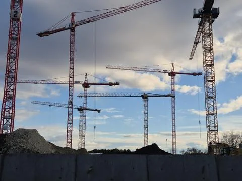 Panoramic View of Seven Tower Cranes Operating Simultaneously - Budapest Stock Photos
