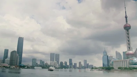 Panoramic view of Shanghai's river and skyscrapers by day Stock Footage 99469792