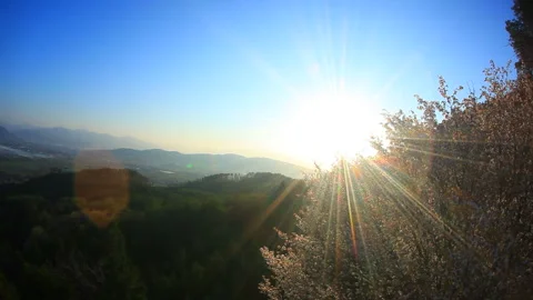 Panoramic View of Shioda Valley with Cherry Blossoms and Sunrise from the 7m Видео 330642094
