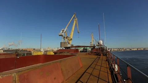 Panoramic view from the ship of red color in the stern of which stands a large Stock Footage 92496617