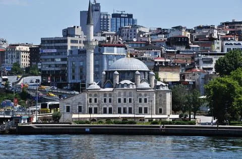 Panoramic view from the ship. View of the mosque and city buildings. Stock Photos