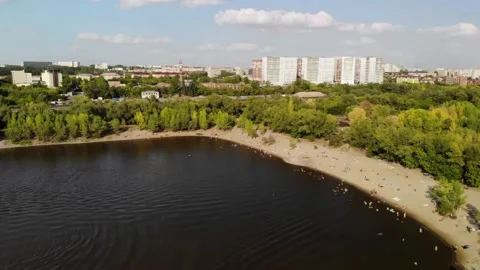 Panoramic View of a shipping dock beach Omsk Irtysh river summer day time Stock Footage 237805179
