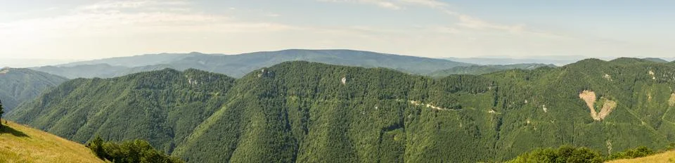 Panoramic view showcasing expansive forested hills, deep valleys and distan.. Stock Photos