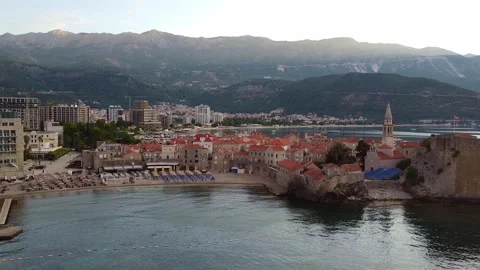 Panoramic View Showing Historic Coastal Town and Mountain Range in Budva Video stock 342769969