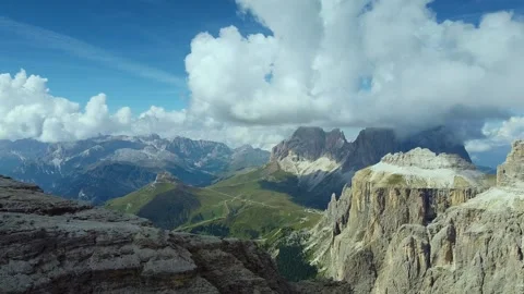 Panoramic View Showing Layered Rock Formations in the Italian Dolomites Video stock 342339942