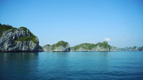 Panoramic View Showing Limestone Karst Islands in Halong Bay Vietnam Video stock 340024099