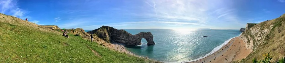 Panoramic view showing a natural effect of oceanic erosion along a coastline Stock Photos