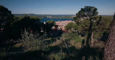 Panoramic view of Sibenik old town and bay from Barone Fortress Croatia Video stock 336255260