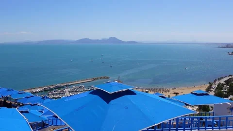 Panoramic view of Sidi Bou Said Beach, Tunisia Stock Footage 319815983