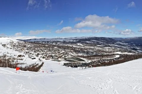 Panoramic view of ski route in bright winter day Stock Photos