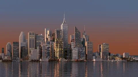 Panoramic view of skyscrapers at during sunset (3D illustration) Stock Illustration