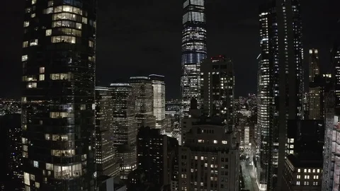 Panoramic view of skyscrapers of night New York Stock Footage